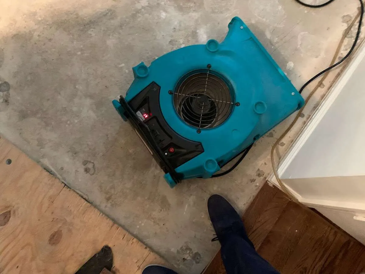 Air mover drying subfloor during Leak Detection & Repair in Jacksonville